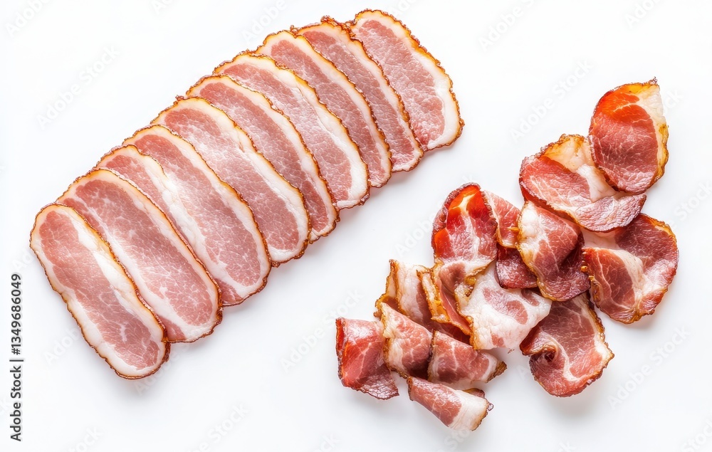Poster freshly sliced bacon strips on a clean white background showcasing different cuts and thickness for 