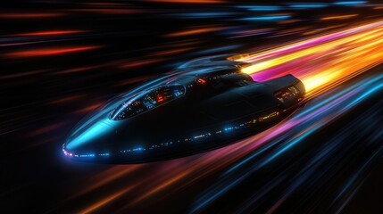 Fototapeta premium A futuristic spacecraft gliding through a vibrant, high-speed warp tunnel, with colorful light trails creating a sense of motion and energy in a cosmic setting