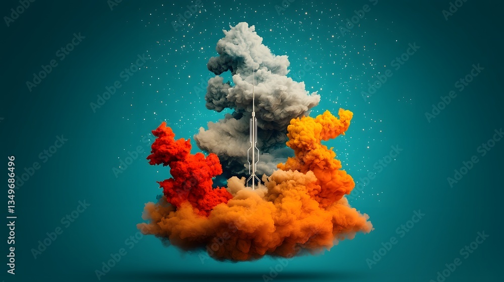 Poster antenna array transmitting cosmic data through ethereal celestial landscape in retro futuristic sci 