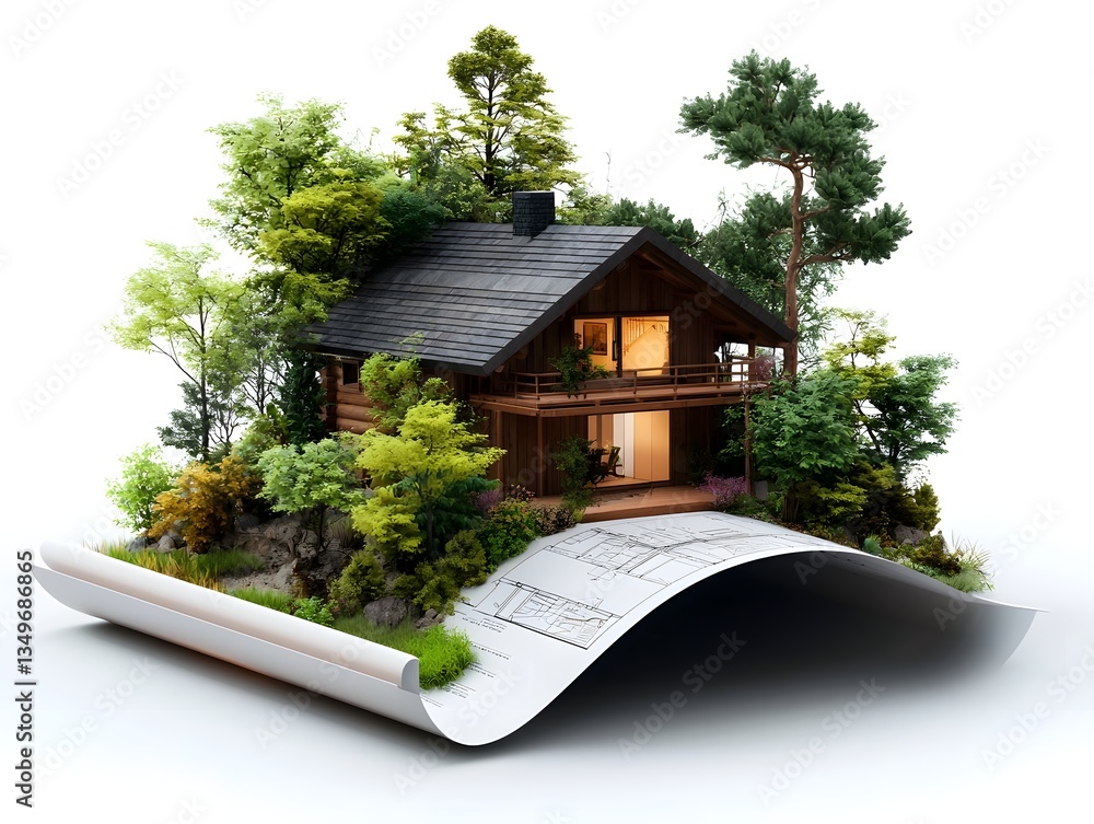 Aufkleber architectural rendering of a charming log cabin nestled in a lush forest featuring an intricate 3d m