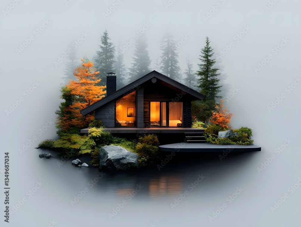 Aufkleber architectural rendering of a charming log cabin nestled in a lush forested landscape with a tranquil