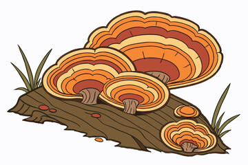 19 vibrant polypore mushroom, tree fungus, bracket fungi, colorful wood decay, layered organic growth, concentric rings, orange and brown tones, natural texture, biological detail, macro photography, 