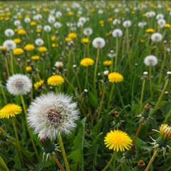 Fototapeta premium Dandelions in field. Plant in spring. Details of summer nature. Dandelion with fluff