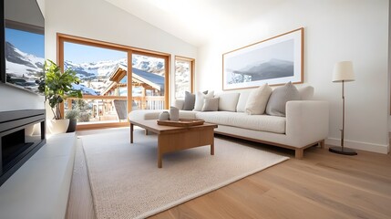 A stylish and inviting living room with contemporary furniture large a breathtaking view of the snow capped mountains in the distance