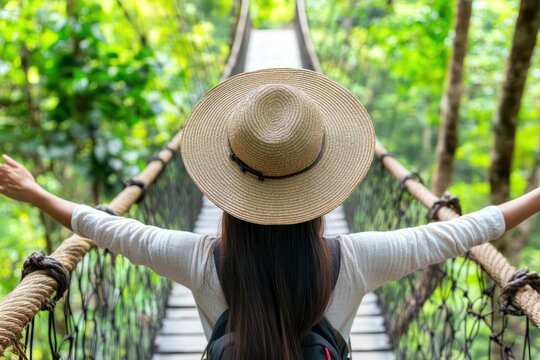 Fototapeta Woman crossing jungle rope bridge, arms outstretched, lush foliage background. Travel adventure photo