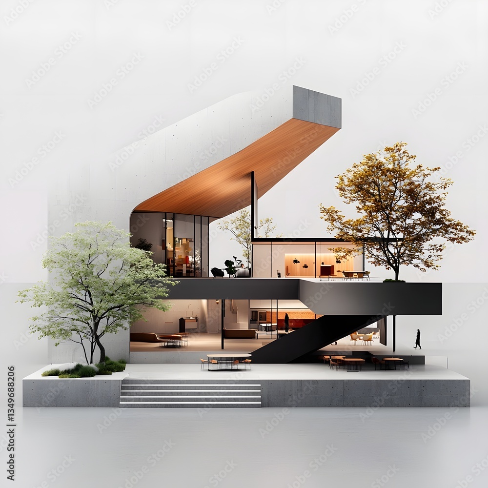 Poster architectural schematic showcasing a minimalist modern home design with a geometric and angular stru
