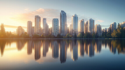 Obraz premium Sunrise city skyline water reflection