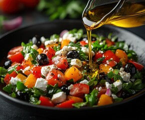 Mediterranean salad dressing pour, kitchen, healthy food