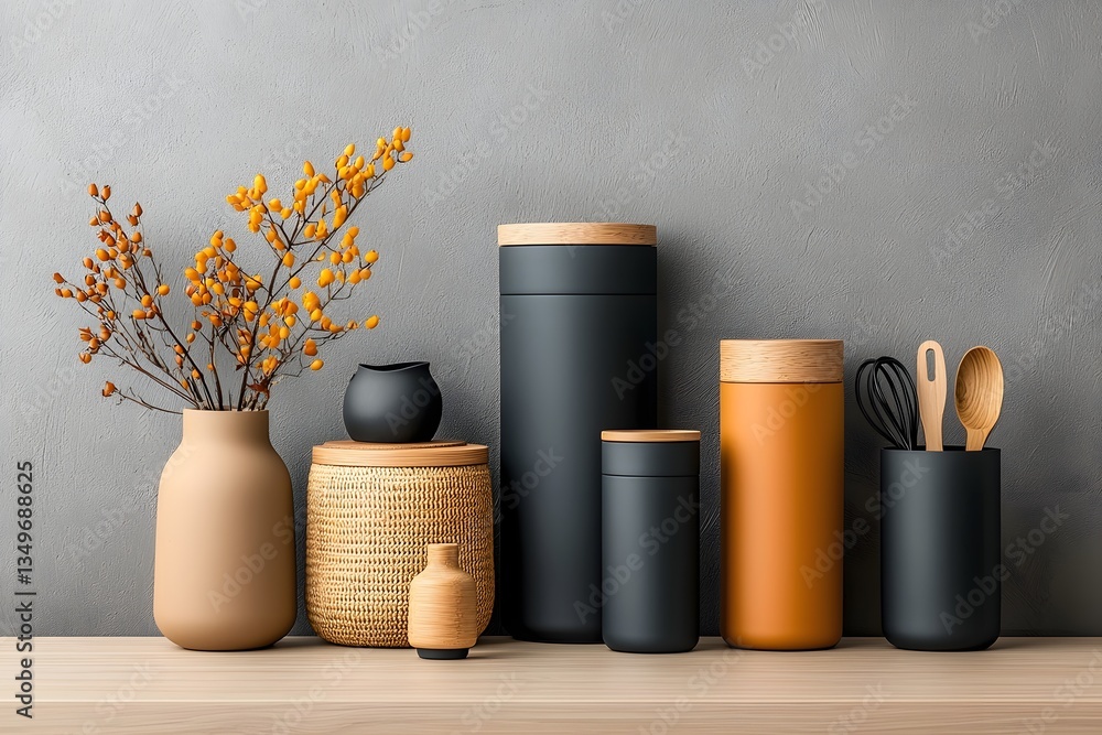 Poster artful collection of varied texture storage containers on wooden surface with style tidy and efficie