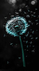 Dandelion seeds dispersing in turquoise-tinted monochrome against black background, symbolizing hope and new beginnings. Perfect for wellness themes, inspiration, and botanical art.