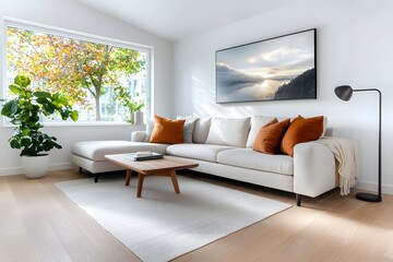 Bright and airy living room featuring a comfortable sectional sofa decorative throw pillows a wooden coffee table and a large window overlooking a lush outdoor space