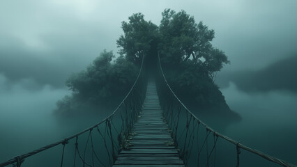 Obraz premium Fog-covered bridge leading to a mysterious island surrounded by water in early morning light