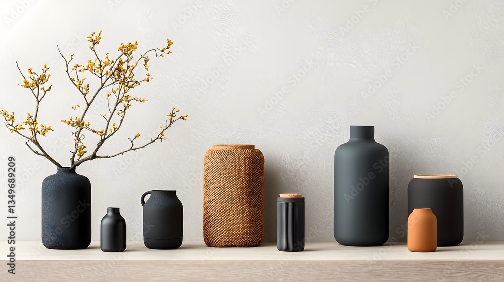 Poster artfully arranged collection of stylish storage containers in varied materials and shapes including 