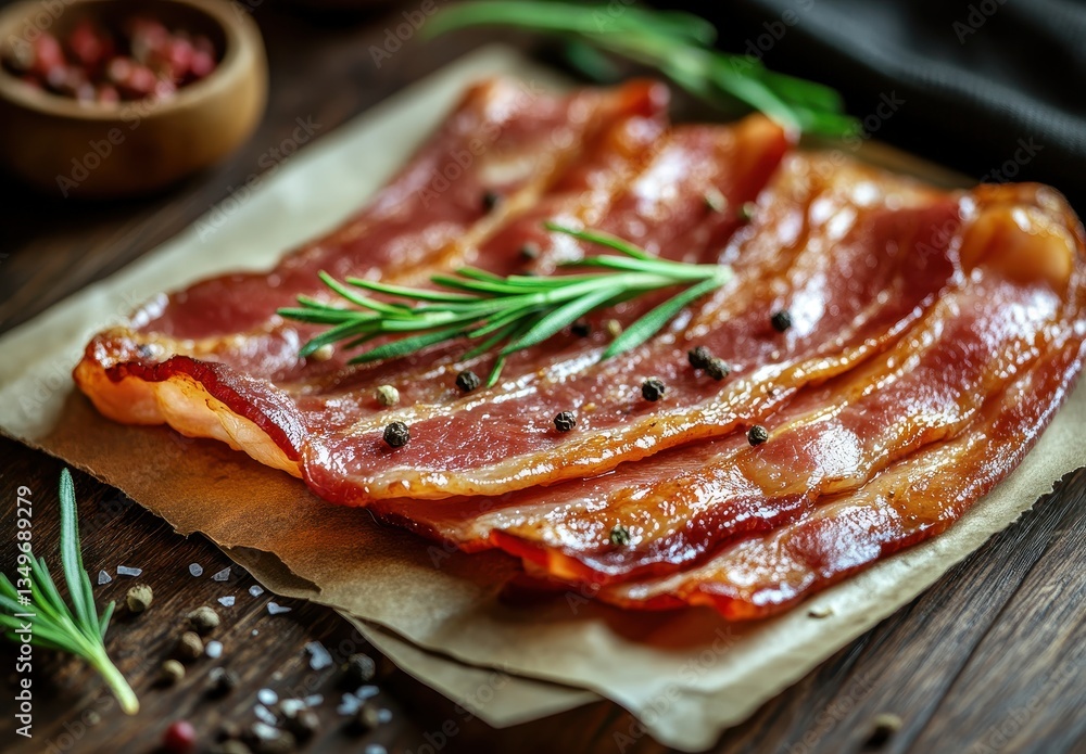 Poster freshly sliced bacon with sprigs of rosemary and black pepper on a wooden table surface surrounded b