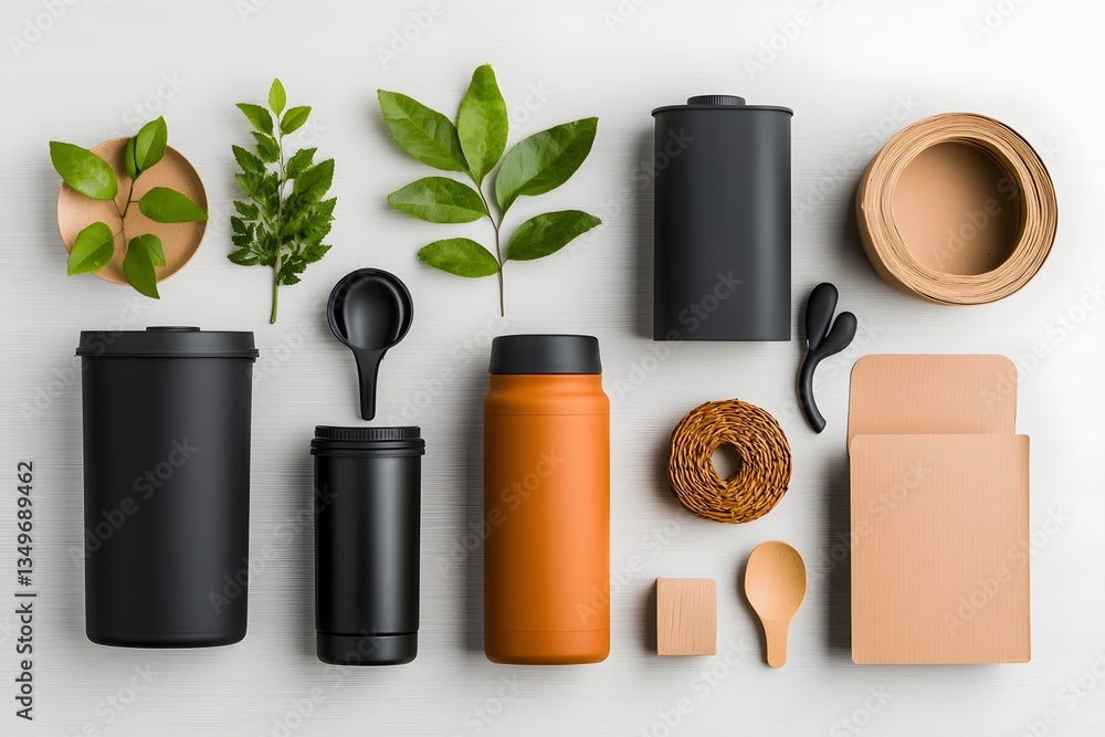 Poster artfully composed flat lay showcasing an assortment of storage containers cardboard wicker and metal