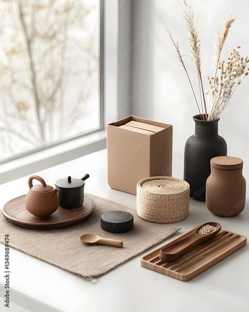 Aufkleber artfully curated flat lay arrangement of minimalist and functional home organization solutions inclu