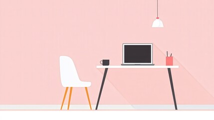 Fototapeta premium Internet Declutter Choice Design. Minimalist workspace with a laptop, chair, and pink wall.