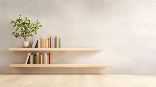 Fototapeta Internet Declutter Choice Design. Modern minimalist shelves with books and a plant against a textured wall.