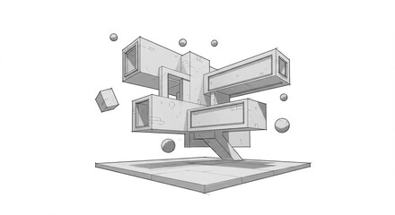 Naklejka premium Abstract Architectural Sketch Modern Geometric Building Design with Floating Cubes