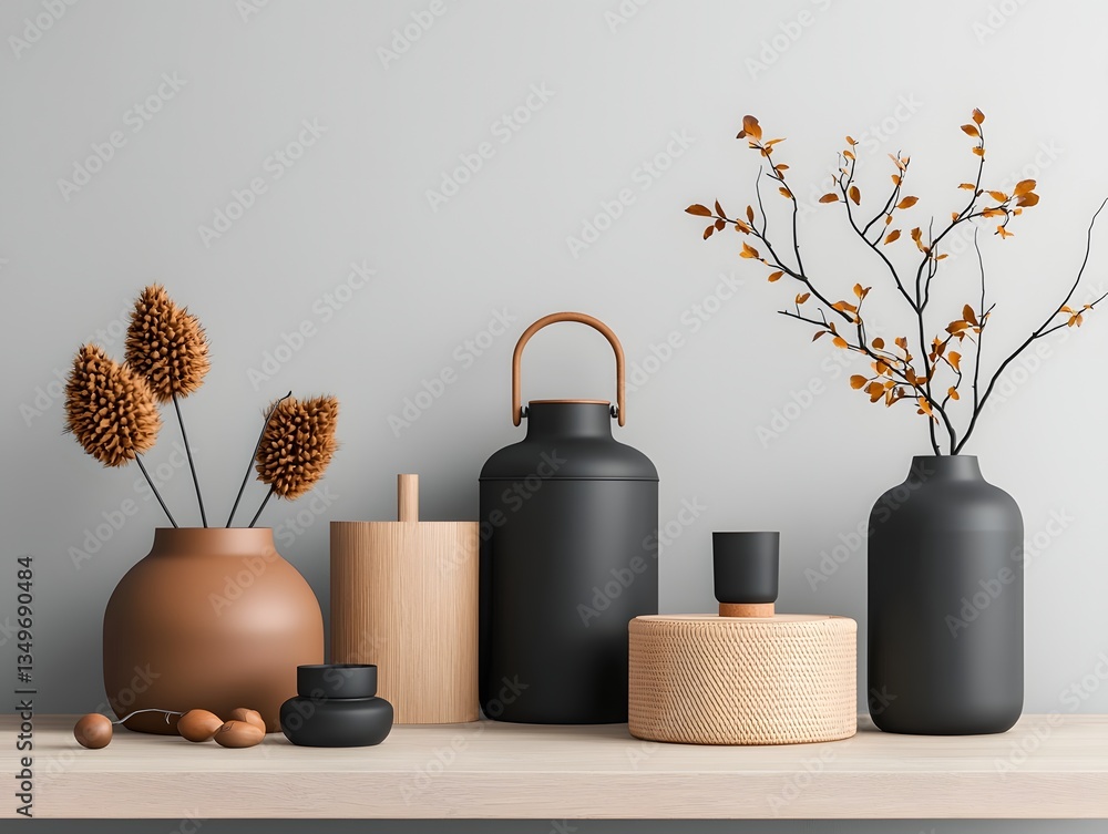 Poster assortment of diverse storage boxes and baskets arranged on wooden table for organized and visually 