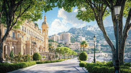 Sunny Mediterranean Promenade, luxury hotel, coastal view, lush greenery