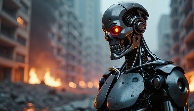 Terminator Robot in Ruins with Burning City, Post-Apocalyptic Dystopia
