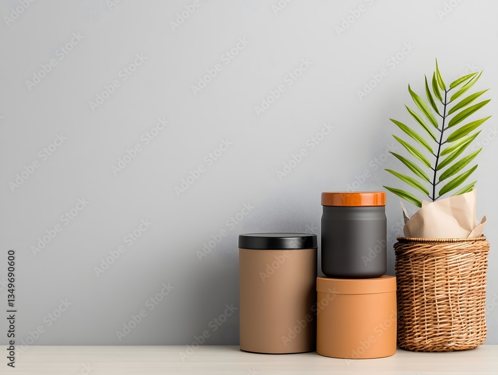 Poster assortment of diverse storage boxes and baskets made of cardboard wicker and metal containers arrang