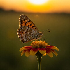 Melanargia lachesis butterfly delicately sits on a bloom with a warm, golden sunset backdrop, highlighting the detailed patterns of its wings