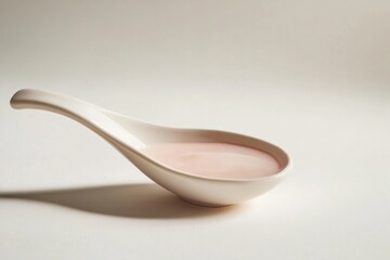 A creamy pink substance rests in a sleek, white, spoon-shaped bowl.