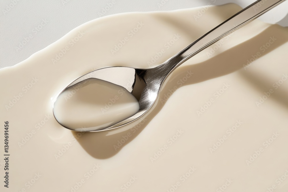 Poster a metallic spoon rests in a pool of creamy liquid, creating a visually appealing contrast.