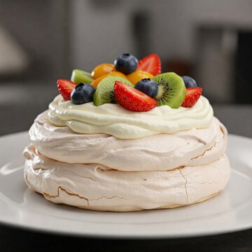 One meringe cake with cream and fruits on plate