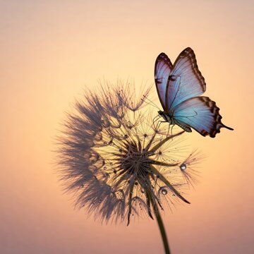 Fototapeta Natural pastel background. Morpho butterfly and dandelion. Seeds of a dandelion flower in drops of water on a background of sunset. Copy spaces