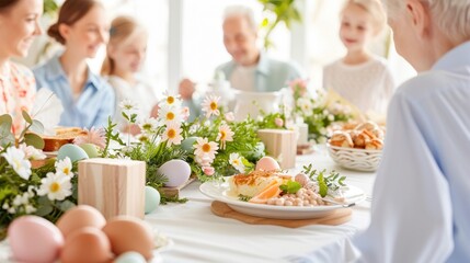 Family Gathered For Festive Meal With Spring Decor.