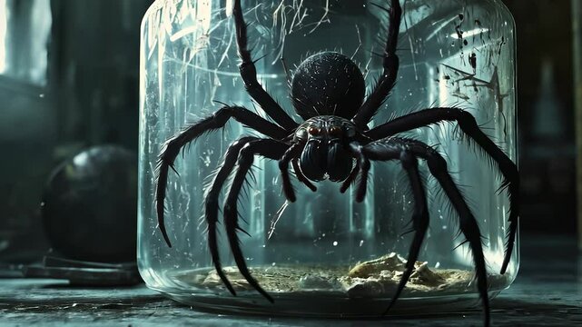 Spider in jar. Dark jar with glass background. Tarantulas and spiders on a table in a room. A spider inside a container lifestyle.