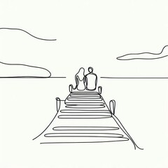 Couple sitting on a pier gazing at the tranquil sea  