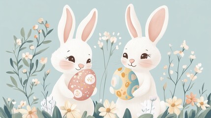 Obraz premium Playful bunnies clutch brightly colored Easter eggs, their soft fur complementing the pastel hues of spring flowers in a delightful, soft illustration. 