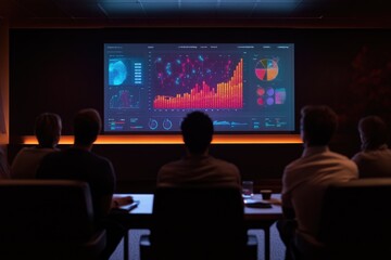 A group of business professionals analyze data displayed on a large screen in a dimly lit conference room.
