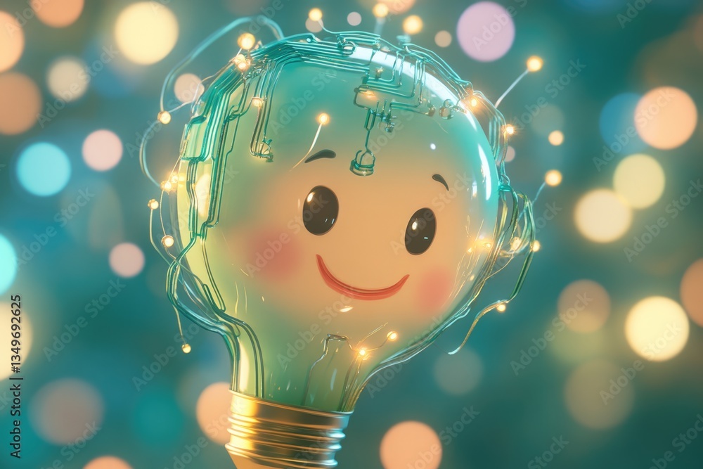 Poster a happy lightbulb with circuit design, glowing warmly against a bokeh background.
