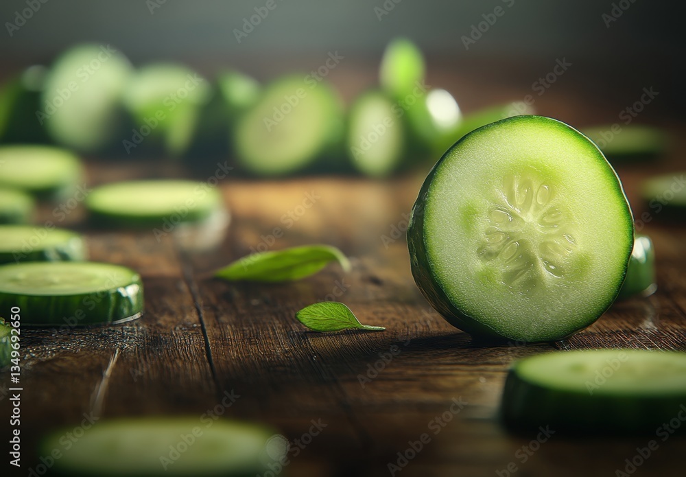 Poster freshly sliced cucumber on wooden surface with green leaves and soft light creating an inviting and 