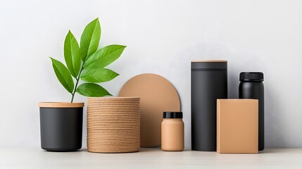 Assortment of storage containers and organizational elements crafted from a variety of textures and materials such as cardboard wicker and metal boxes arranged on a light wooden table