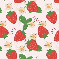 Pattern with strawberries on a light background. Seamless background with red strawberries, flowers and green leaves. Vector illustration for print, web and design.