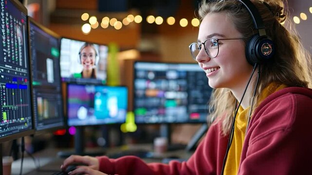 Young woman with headphones engaged in video editing at a modern workspace