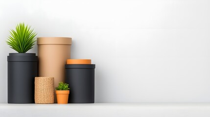 Assortment of stylish storage boxes bins and containers in various materials like cardboard wicker and metal arranged neatly on a simple wooden surface in a scandi inspired