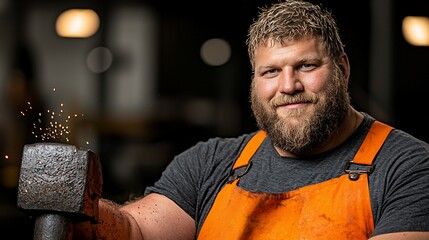 A craftsman holds a heavy hammer, sparks fly
