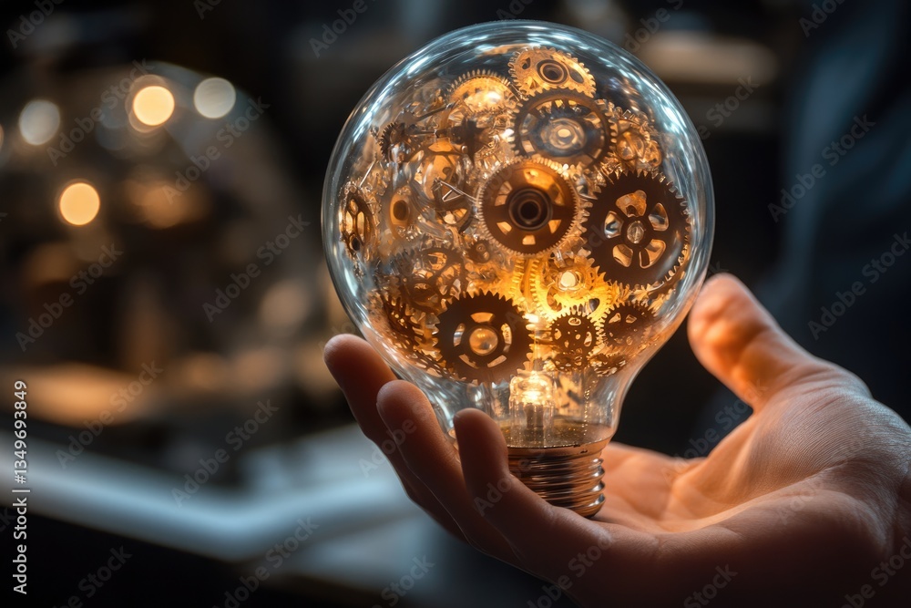 Poster a hand holds a glowing lightbulb filled with intricate gears, symbolizing innovation and complex pro