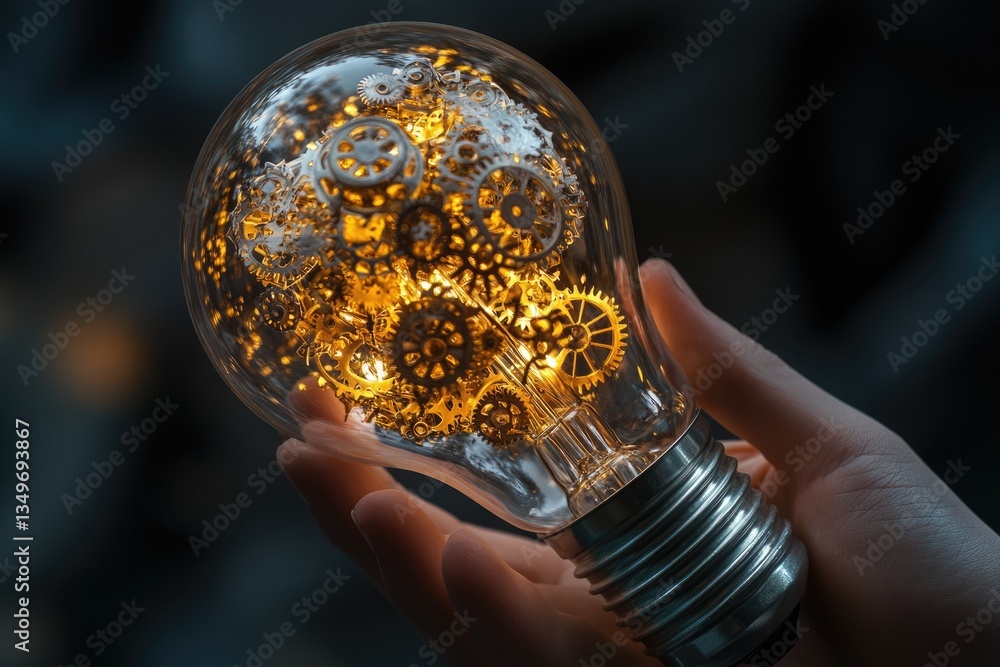 Poster a glowing lightbulb filled with intricate gears symbolizes innovation, creativity, and complex probl