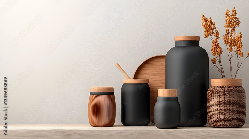 Poster assortment of stylish storage containers in an array of shapes and designs including cardboard wicke
