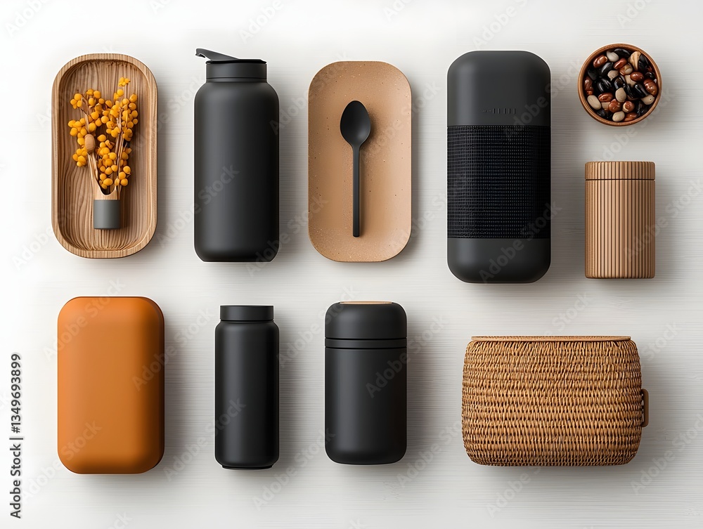 Poster assortment of stylish storage containers in flat lay composition on wooden surface cardboard wicker 