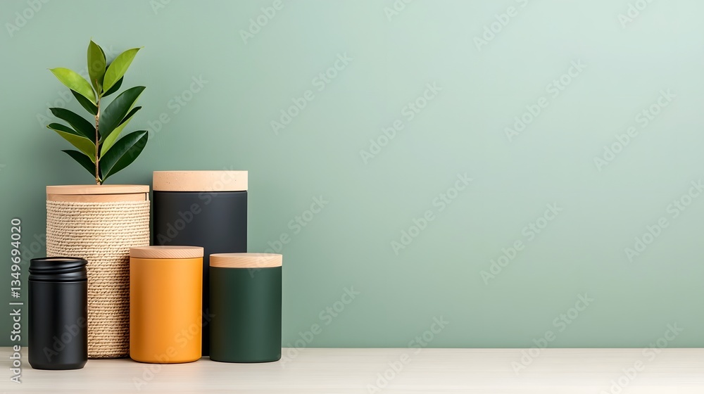 Poster assortment of stylish storage containers including cardboard wicker and metal boxes in various shape