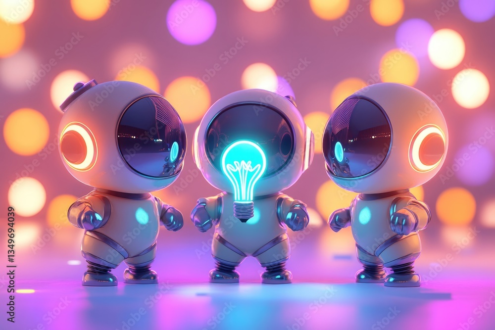 Aufkleber three cute robots brainstorm a new idea, illuminated by a glowing lightbulb in a vibrant, bokeh-fill